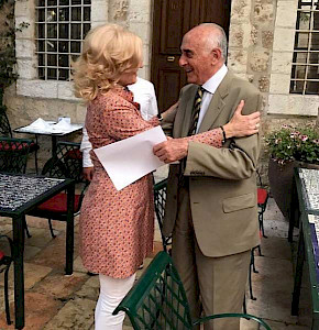 Israel, East-Jerusalem 2016 - Sonja Dinner negotiating with the Palestinian Statesman Munib al Masri to improve the living conditions of the poorest Palestinians through education, health and economic growth