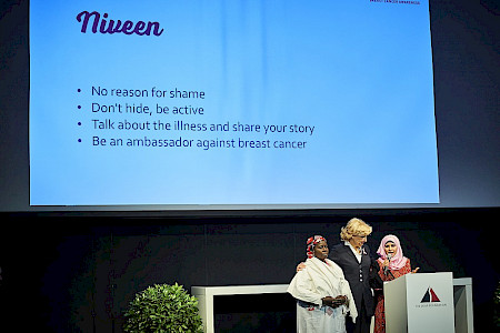 Switzerland, Zurich 2018 - Niveen from East Jerusalem who had breast cancer while pregnant and Chantal from Ouagadougou, who lost 4 family members to breast cancer, talk about their experience at the launch of DearMamma